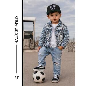 MSRP: $74 ✨ Haus Jr Logo Denim Jacket – Size 2T | All-Over Print ✨SAME DAY SHIP